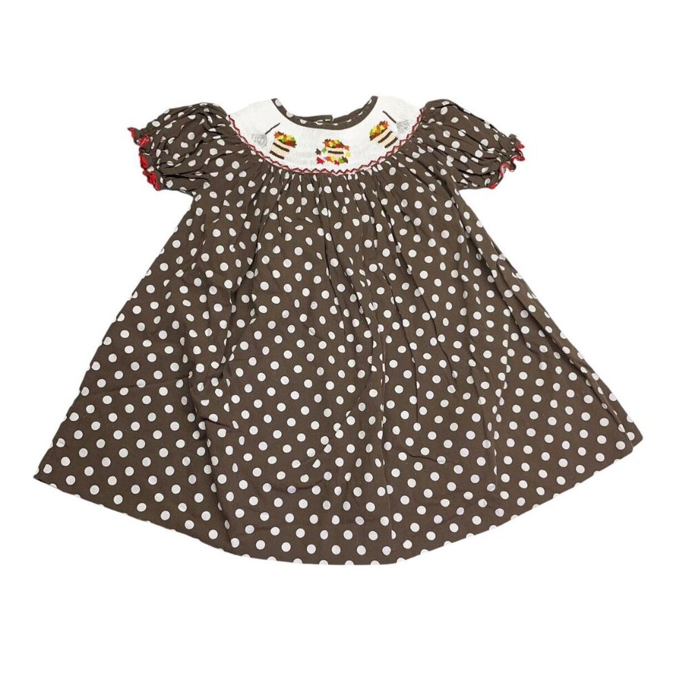 Molly Pop 18 mos Fall Leaves Smocked Dress Brown Polka Dot Cotton